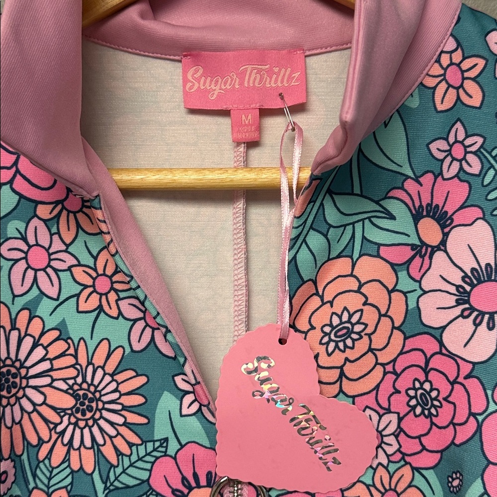 Sugar Thrillz Floral Zip Front Bodysuit NWT Size M Pink Blue - Picture 3 of 5